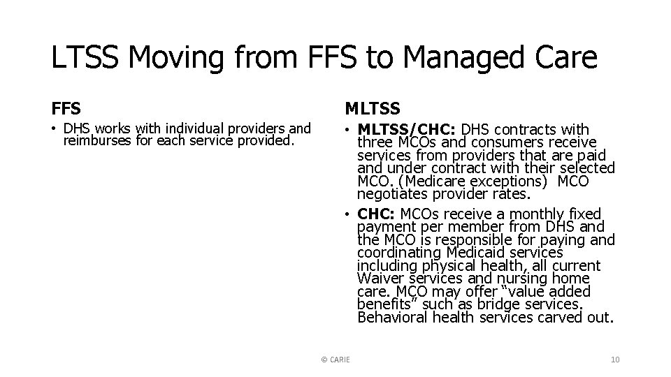 LTSS Moving from FFS to Managed Care FFS MLTSS • DHS works with individual