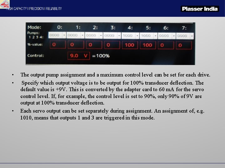  • • • The output pump assignment and a maximum control level can