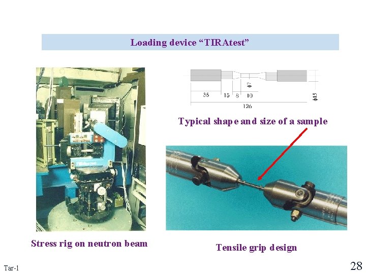 Loading device “TIRAtest” Typical shape and size of a sample Stress rig on neutron Loading device “TIRAtest” Typical shape and size of a sample Stress rig on neutron