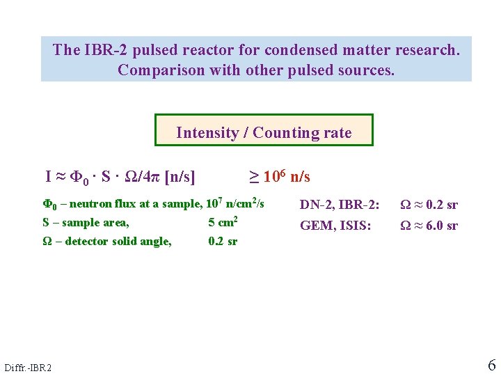 The IBR-2 pulsed reactor for condensed matter research. Comparison with other pulsed sources. Intensity The IBR-2 pulsed reactor for condensed matter research. Comparison with other pulsed sources. Intensity