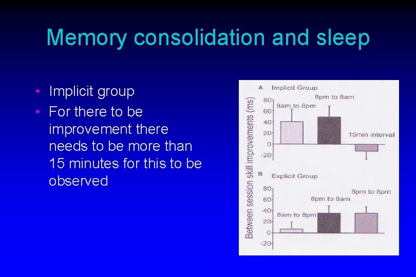 Memory consolidation and sleep • Implicit group • For there to be improvement there