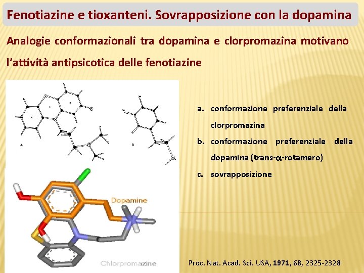 Fenotiazine e tioxanteni. Sovrapposizione con la dopamina Analogie conformazionali tra dopamina e clorpromazina motivano