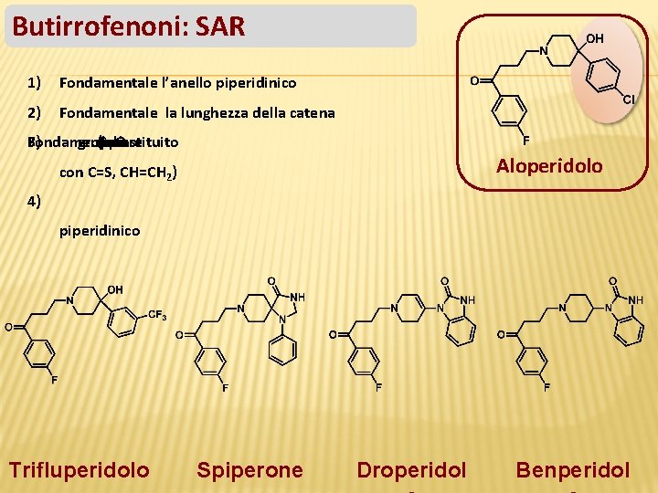 Butirrofenoni: SAR 1) Fondamentale l’anello piperidinico 2) Fondamentale la lunghezza della catena Fondamentale 3)