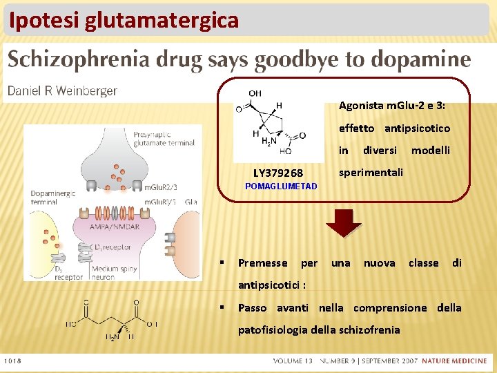 Ipotesi glutamatergica Agonista m. Glu-2 e 3: effetto antipsicotico in LY 379268 diversi modelli