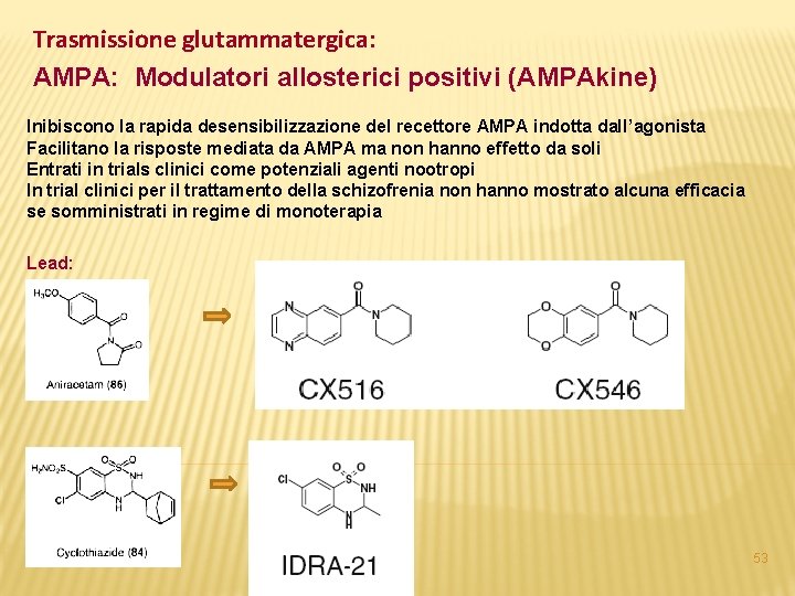 Trasmissione glutammatergica: AMPA: Modulatori allosterici positivi (AMPAkine) Inibiscono la rapida desensibilizzazione del recettore AMPA