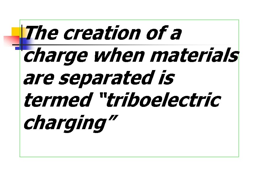 The creation of a charge when materials are separated is termed “triboelectric charging” 