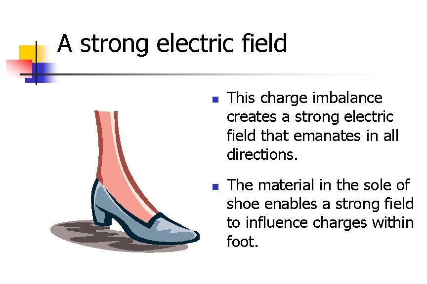 A strong electric field This charge imbalance creates a strong electric field that emanates
