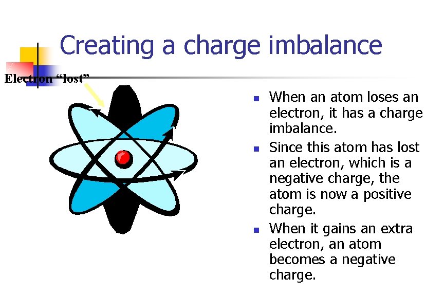 Creating a charge imbalance Electron “lost” When an atom loses an electron, it has