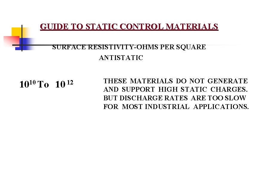 GUIDE TO STATIC CONTROL MATERIALS SURFACE RESISTIVITY-OHMS PER SQUARE ANTISTATIC 1010 To 10 12