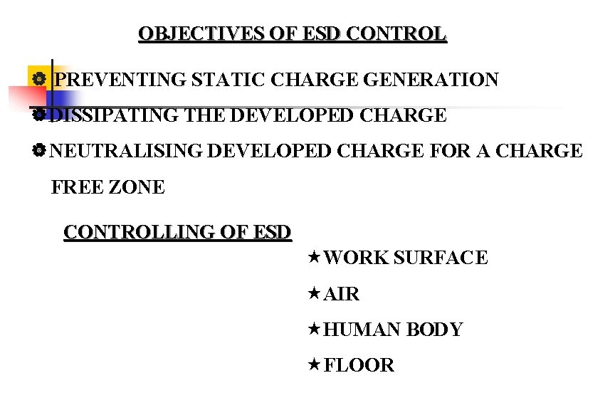 OBJECTIVES OF ESD CONTROL | PREVENTING STATIC CHARGE GENERATION |DISSIPATING THE DEVELOPED CHARGE |NEUTRALISING