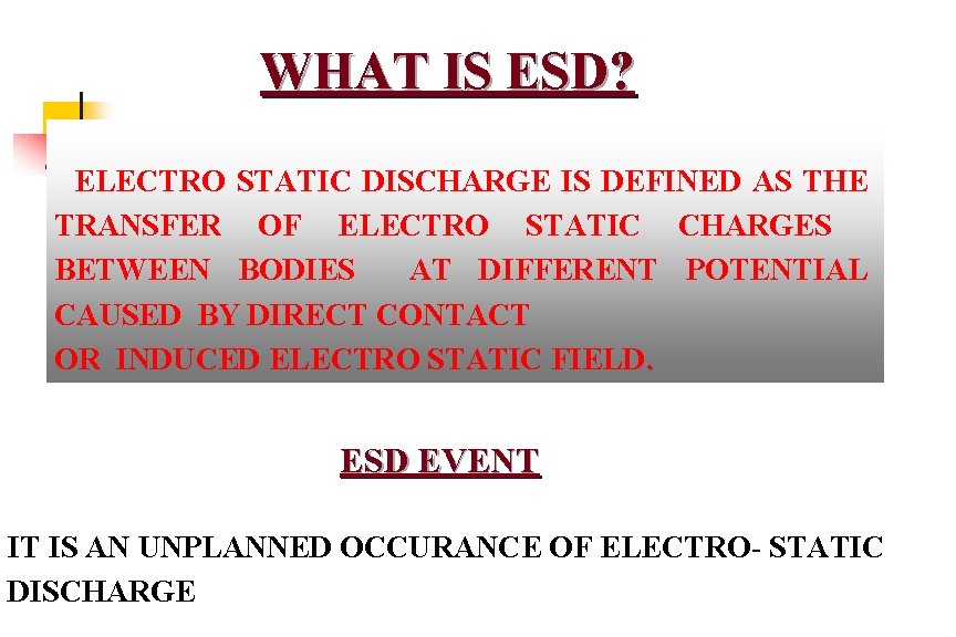 WHAT IS ESD? ELECTRO STATIC DISCHARGE IS DEFINED AS THE TRANSFER OF ELECTRO STATIC