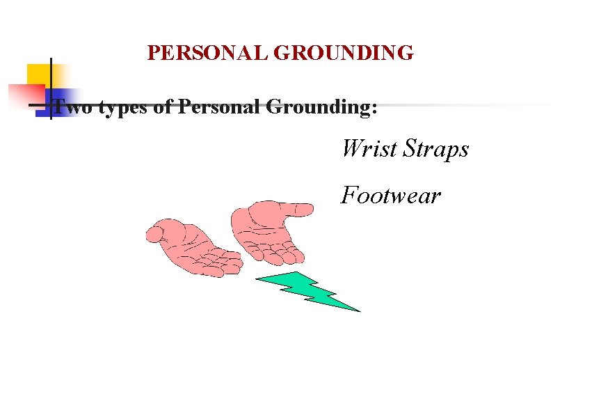 PERSONAL GROUNDING Two types of Personal Grounding: Wrist Straps Footwear 