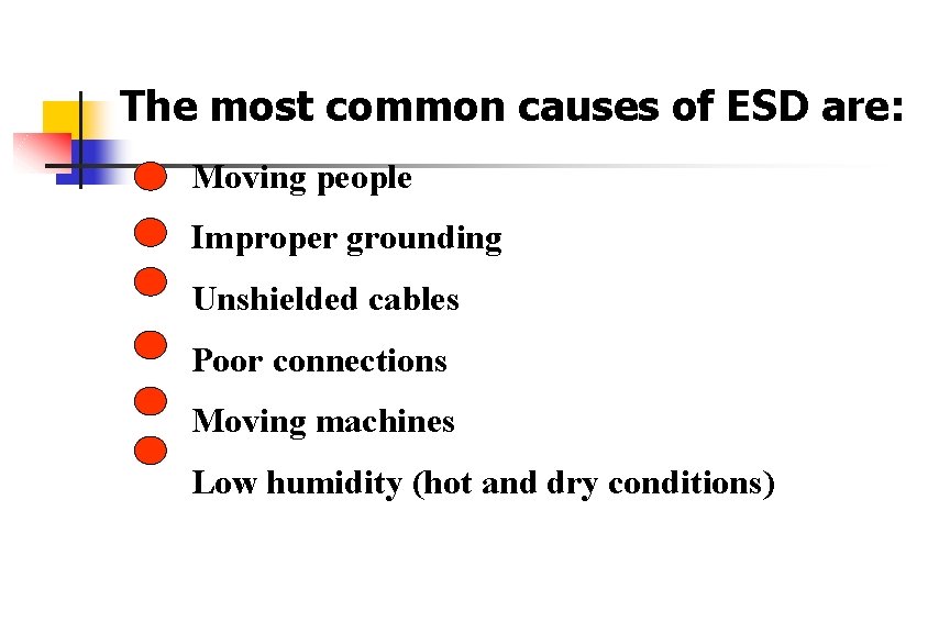 The most common causes of ESD are: Moving people Improper grounding Unshielded cables Poor