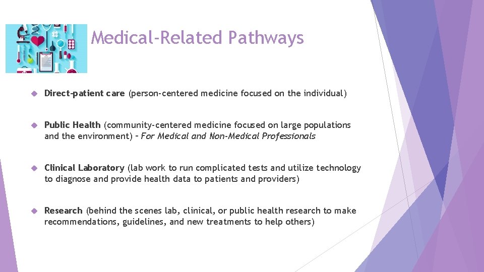 Medical-Related Pathways Direct-patient care (person-centered medicine focused on the individual) Public Health (community-centered medicine