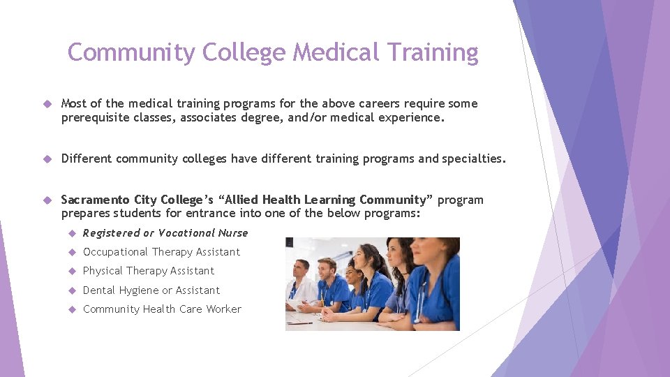 Community College Medical Training Most of the medical training programs for the above careers