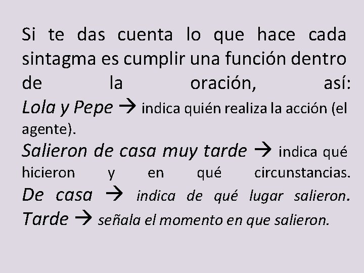 Si te das cuenta lo que hace cada sintagma es cumplir una función dentro Si te das cuenta lo que hace cada sintagma es cumplir una función dentro