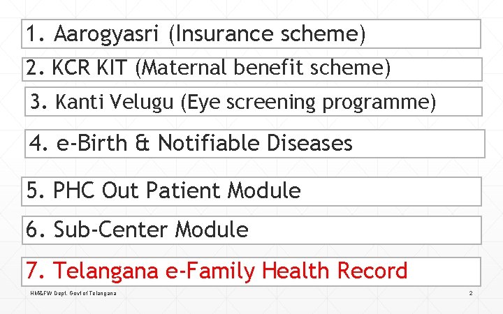 1. Aarogyasri (Insurance scheme) 2. KCR KIT (Maternal benefit scheme) 3. Kanti Velugu (Eye 1. Aarogyasri (Insurance scheme) 2. KCR KIT (Maternal benefit scheme) 3. Kanti Velugu (Eye