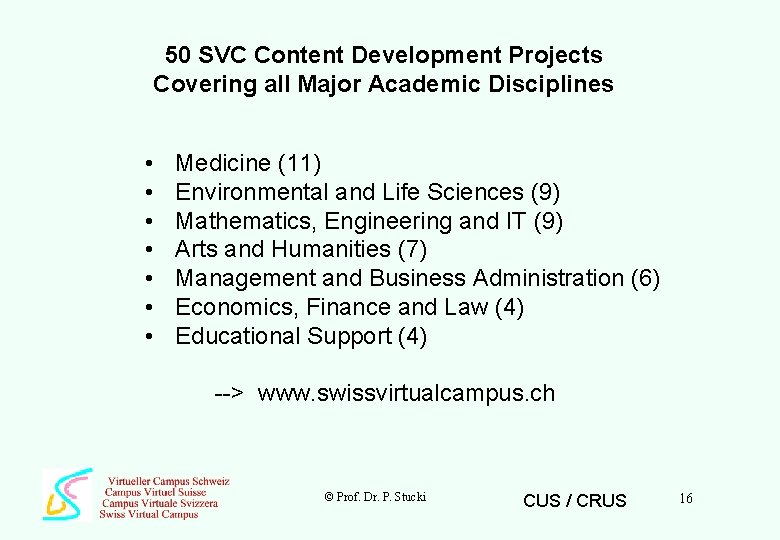 50 SVC Content Development Projects Covering all Major Academic Disciplines • • Medicine (11)