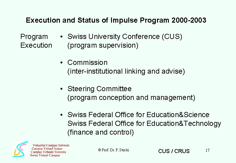 Execution and Status of Impulse Program 2000 -2003 Program Execution • Swiss University Conference