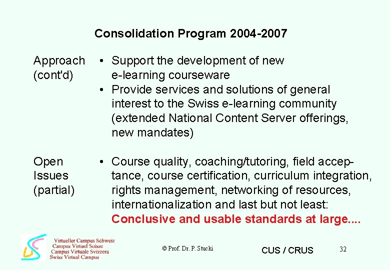 Consolidation Program 2004 -2007 Approach (cont'd) • Support the development of new e-learning courseware
