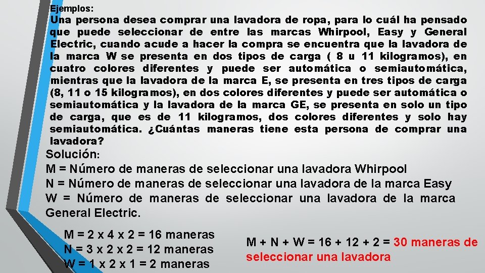 Ejemplos: Una persona desea comprar una lavadora de ropa, para lo cuál ha pensado