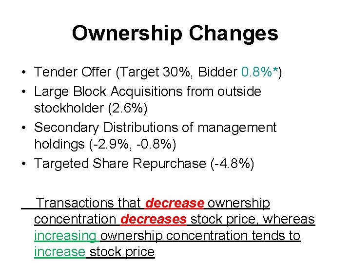 Ownership Changes • Tender Offer (Target 30%, Bidder 0. 8%*) • Large Block Acquisitions