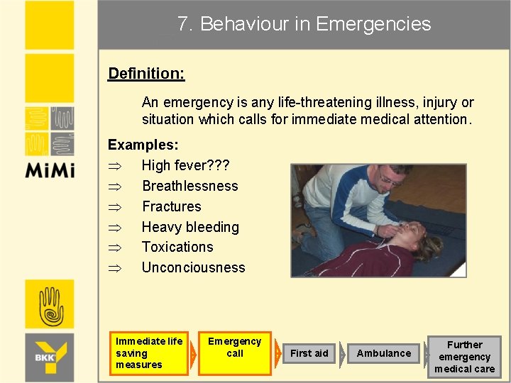 7. Behaviour in Emergencies Definition: An emergency is any life-threatening illness, injury or situation