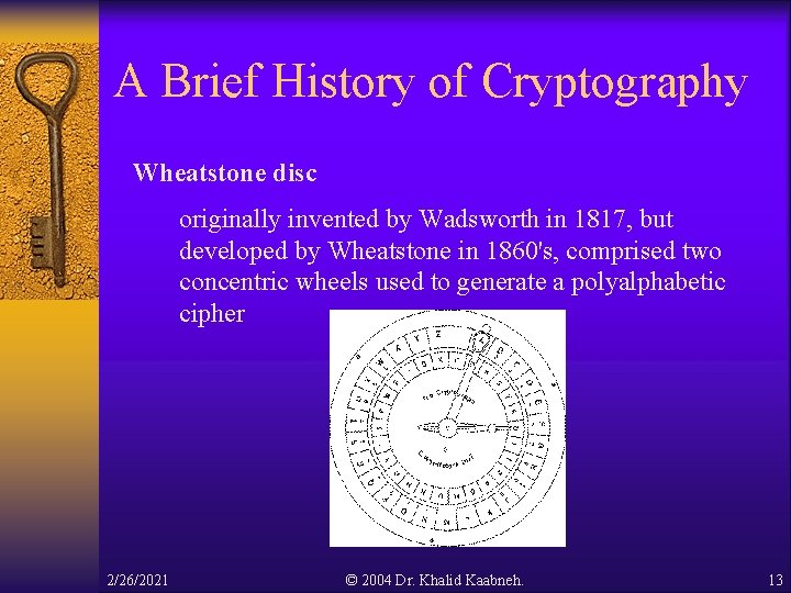 A Brief History of Cryptography Wheatstone disc originally invented by Wadsworth in 1817, but A Brief History of Cryptography Wheatstone disc originally invented by Wadsworth in 1817, but