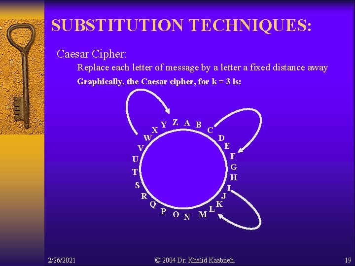 SUBSTITUTION TECHNIQUES: Caesar Cipher: Replace each letter of message by a letter a fixed SUBSTITUTION TECHNIQUES: Caesar Cipher: Replace each letter of message by a letter a fixed