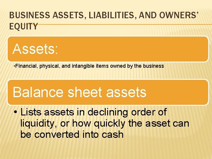 BUSINESS ASSETS, LIABILITIES, AND OWNERS’ EQUITY Assets: • Financial, physical, and intangible items owned