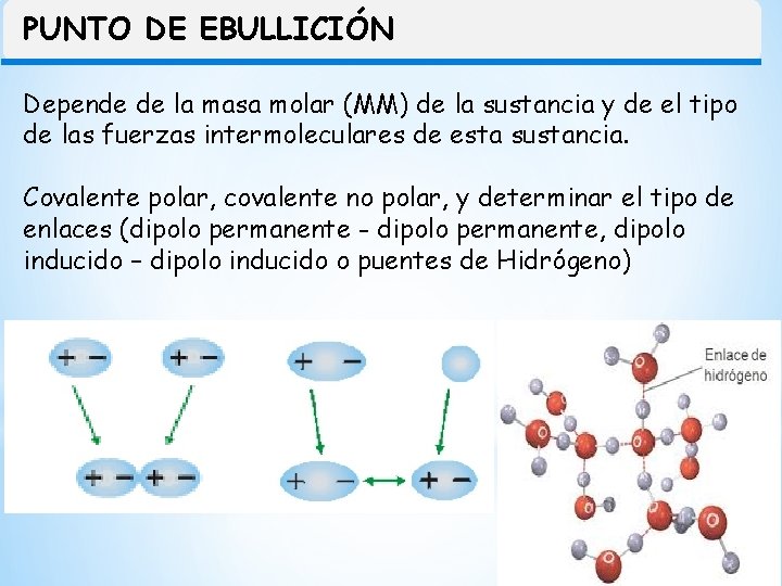 PUNTO DE EBULLICIÓN Depende de la masa molar (MM) de la sustancia y de
