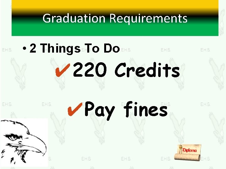 Graduation Requirements • 2 Things To Do ✔ 220 Credits ✔Pay fines 