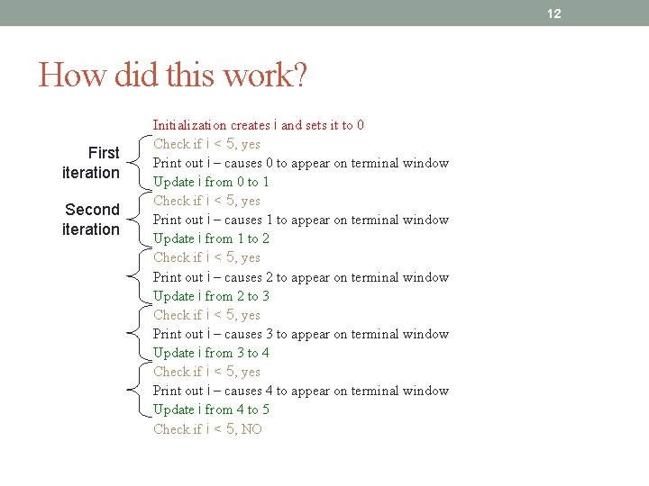 12 How did this work? First iteration Second iteration Initialization creates i and sets