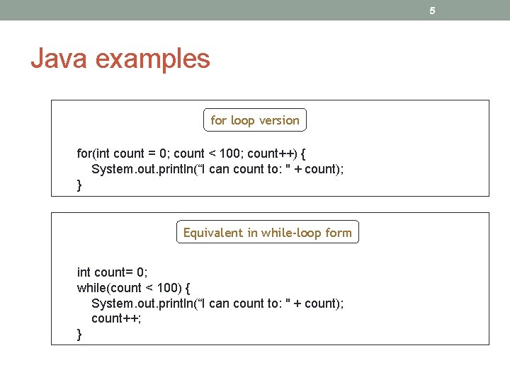 5 Java examples for loop version for(int count = 0; count < 100; count++)