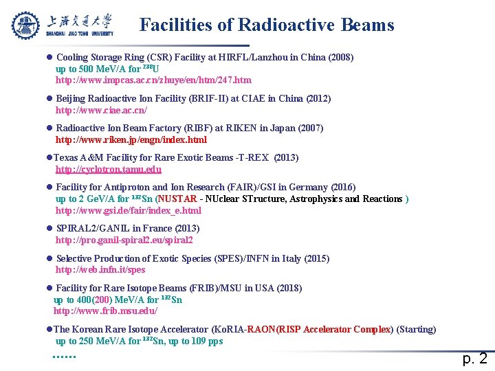 Facilities of Radioactive Beams l Cooling Storage Ring (CSR) Facility at HIRFL/Lanzhou in China