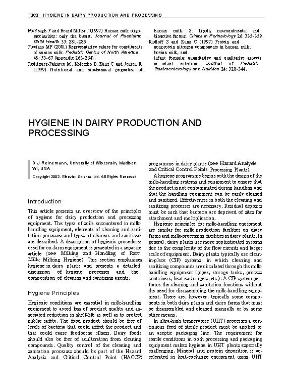 1360 HYGIENE IN DAIRY PRODUCTION AND PROCESSING Mc. Veagh P and Brand Miller J