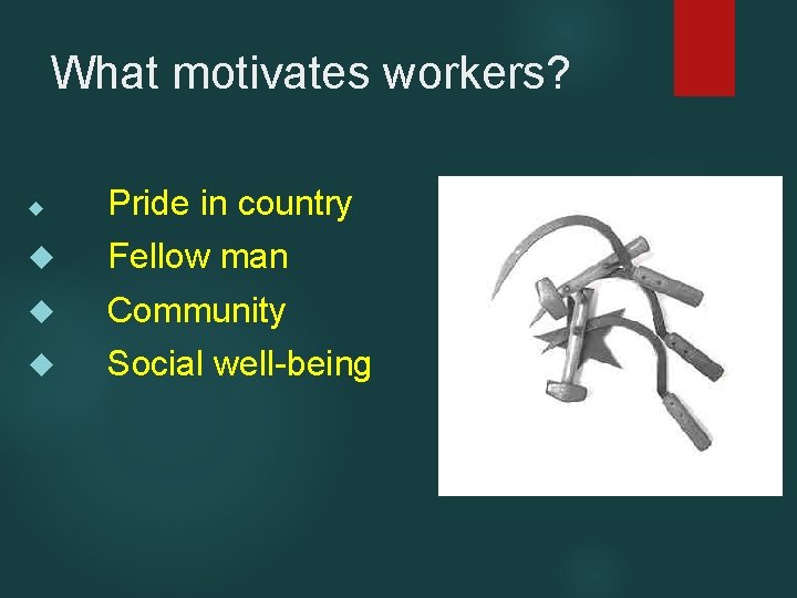 What motivates workers? Pride in country Fellow man Community Social well-being 