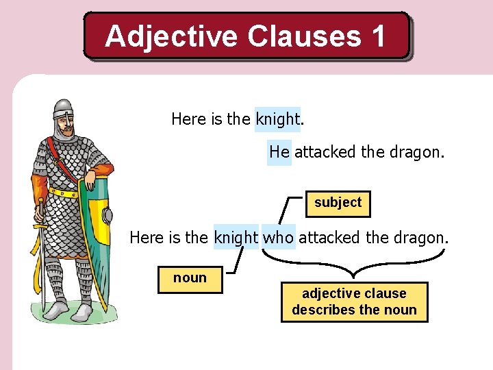 Adjective Clauses 1 Here is the knight. He attacked the dragon. subject Here is