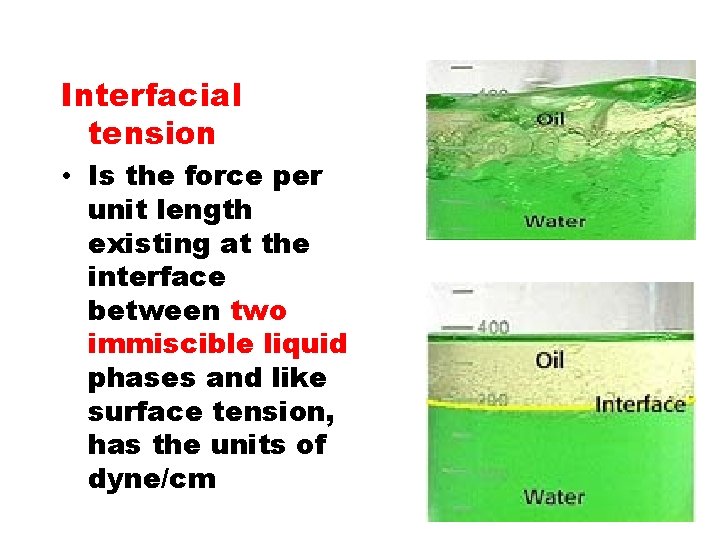 Interfacial tension • Is the force per unit length existing at the interface between