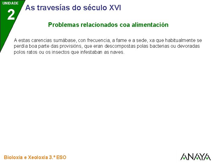 UNIDADE 2 As travesías do século XVI Problemas relacionados coa alimentación A estas carencias