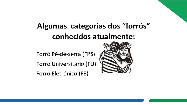 Algumas categorias dos “forrós” conhecidos atualmente: Forró Pé-de-serra (FPS) Forró Universitário (FU) Forró Eletrônico