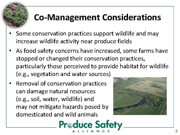 Co-Management Considerations • Some conservation practices support wildlife and may increase wildlife activity near