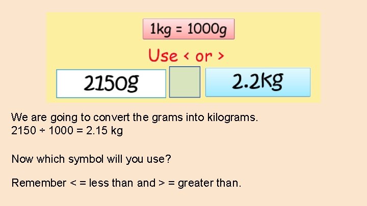 We are going to convert the grams into kilograms. 2150 ÷ 1000 = 2.
