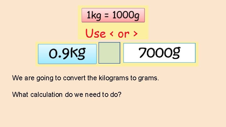 We are going to convert the kilograms to grams. What calculation do we need
