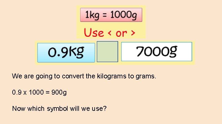 We are going to convert the kilograms to grams. 0. 9 x 1000 =