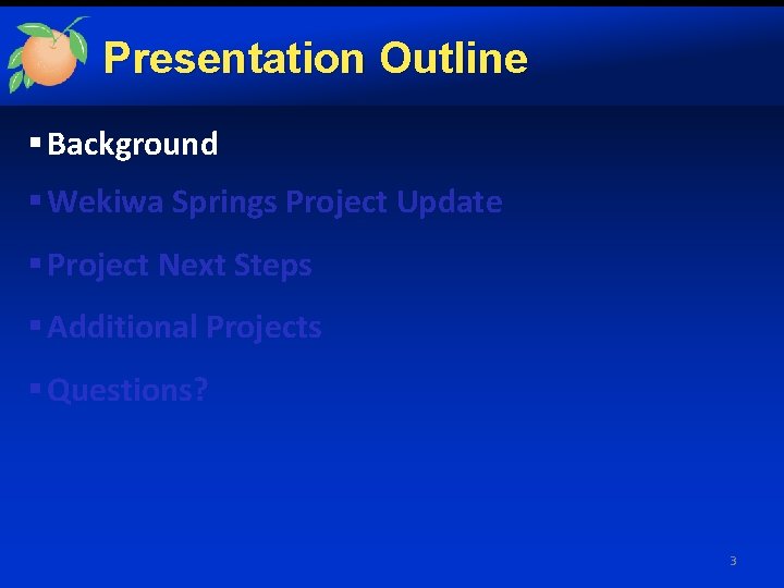 Presentation Outline § Background § Wekiwa Springs Project Update § Project Next Steps §