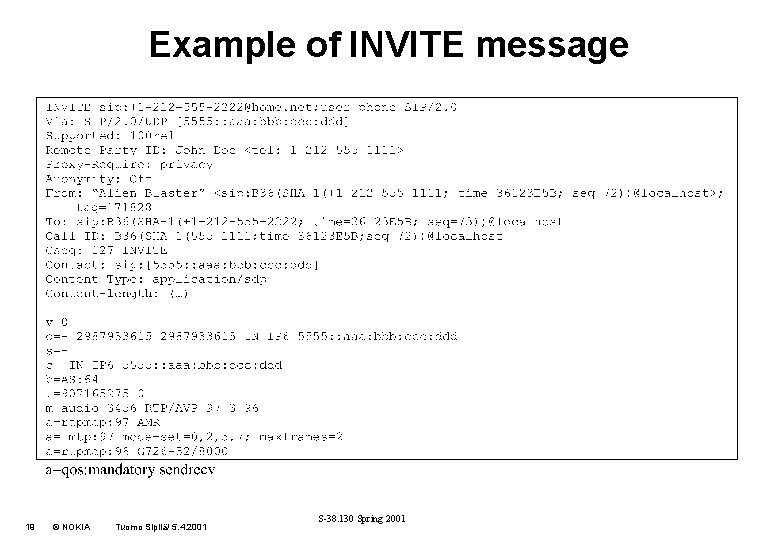 Example of INVITE message 19 © NOKIA Tuomo Sipilä/ 5. 4. 2001 S-38. 130