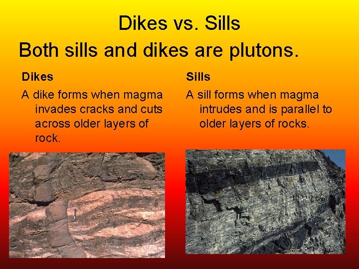 Dikes vs. Sills Both sills and dikes are plutons. Dikes Sills A dike forms