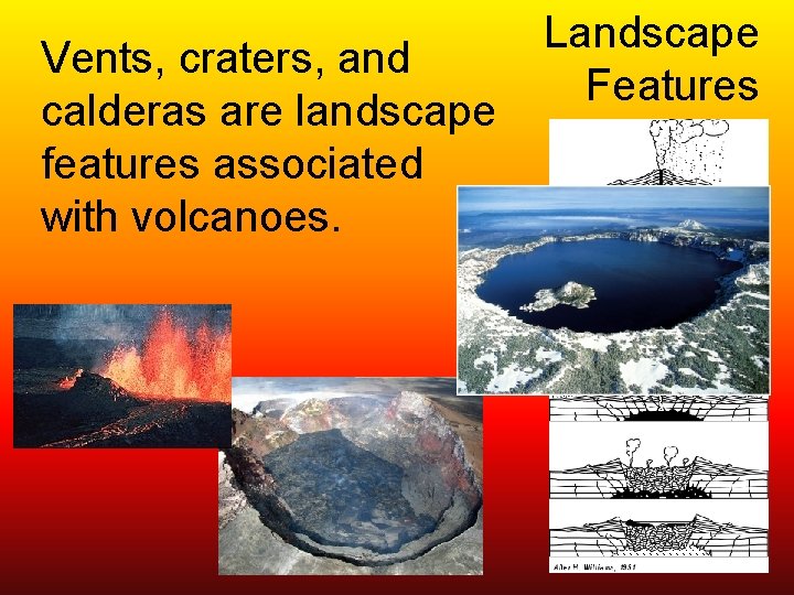 Vents, craters, and calderas are landscape features associated with volcanoes. Landscape Features 