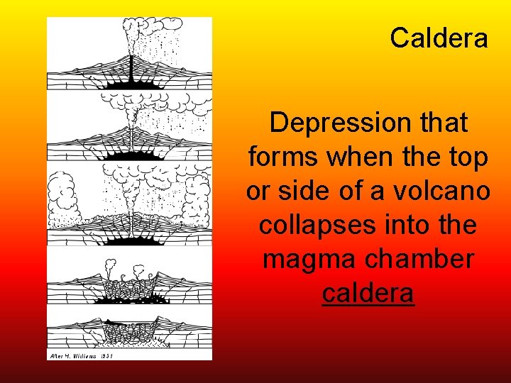 Caldera Depression that forms when the top or side of a volcano collapses into